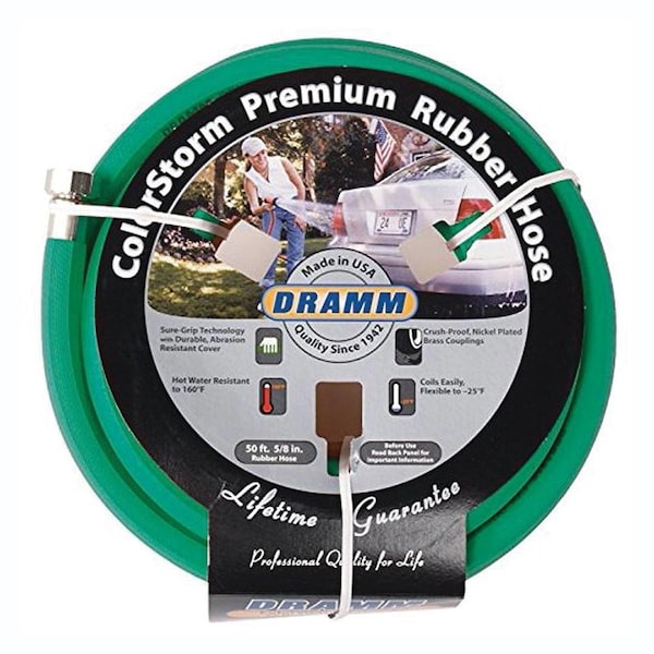 Dramm 5/8 in ID x 50 ft L ColorStorm Water Hose, EPDM Tube, Green, Nickel-platted Brass Fitting 17004 - main